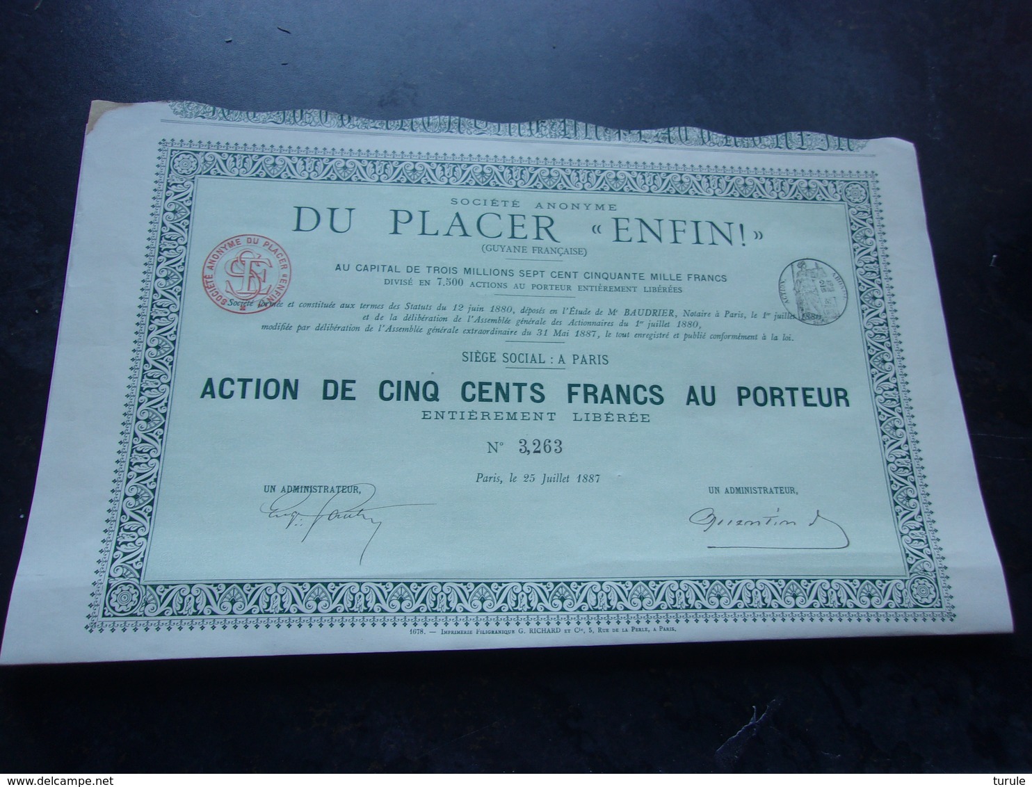 PLACER "ENFIN" (guyane Française) 1887 (imprimerie RICHARD) - Autres & Non Classés