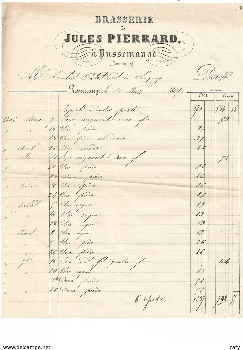 2 Factures De La Brasserie Jules Pierrard à PUSSEMANGE( Luxembourg) Pour Vente De Bière En 1869 Pour Sugny. - 1800 – 1899