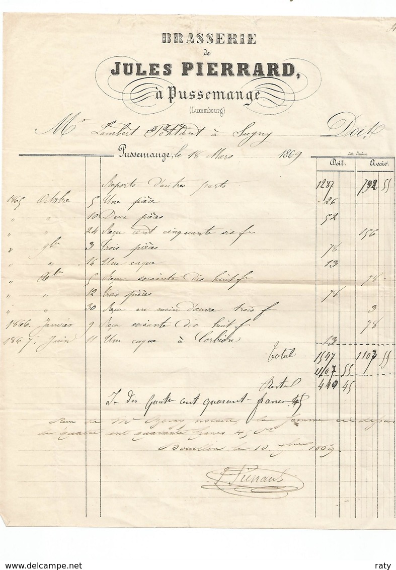 2 Factures De La Brasserie Jules Pierrard à PUSSEMANGE( Luxembourg) Pour Vente De Bière En 1869 Pour Sugny. - 1800 – 1899