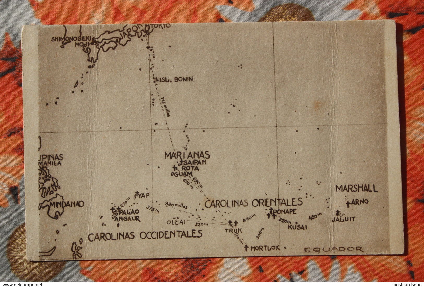 CAROLINAS Y MARIANAS Old Vintage Postcard - The Village -  The Map Of The Islands - Mariannes