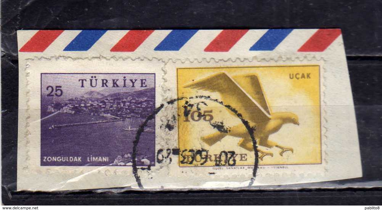 TURCHIA TURKÍA TURKEY 1959 AIR MAIL POSTA AEREA BIRD FAUNA AVICOLA HAWK 105k + ZONGULDAK LIMANI 25 USATO USED OBLITERE' - Posta Aerea