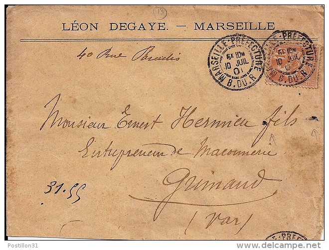 13 - BOUCHES DU RHONE - MARSEILLE-PREFECTURE -  DAGUIN SOLO A2b   - 1901 - Oblitérations Mécaniques (Autres)