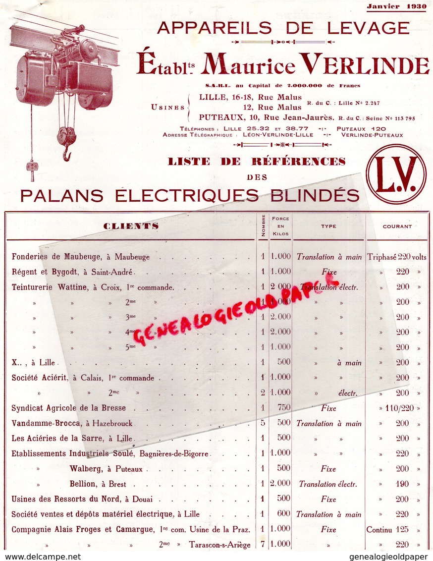 59- LILLE- 92- PUTEAUX- RARE CATALOGUE MAURICE VERLINDE-APPAREILS DE LEVAGE- PALANS ELECTRIQUES BLINDES-1930 - Straßenhandel Und Kleingewerbe