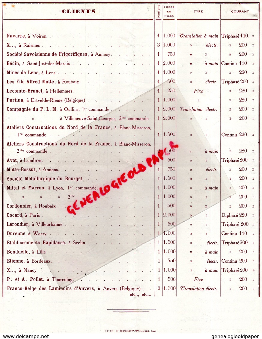 59- LILLE- 92- PUTEAUX- RARE CATALOGUE MAURICE VERLINDE-APPAREILS DE LEVAGE- PALANS ELECTRIQUES BLINDES-1930 - Straßenhandel Und Kleingewerbe