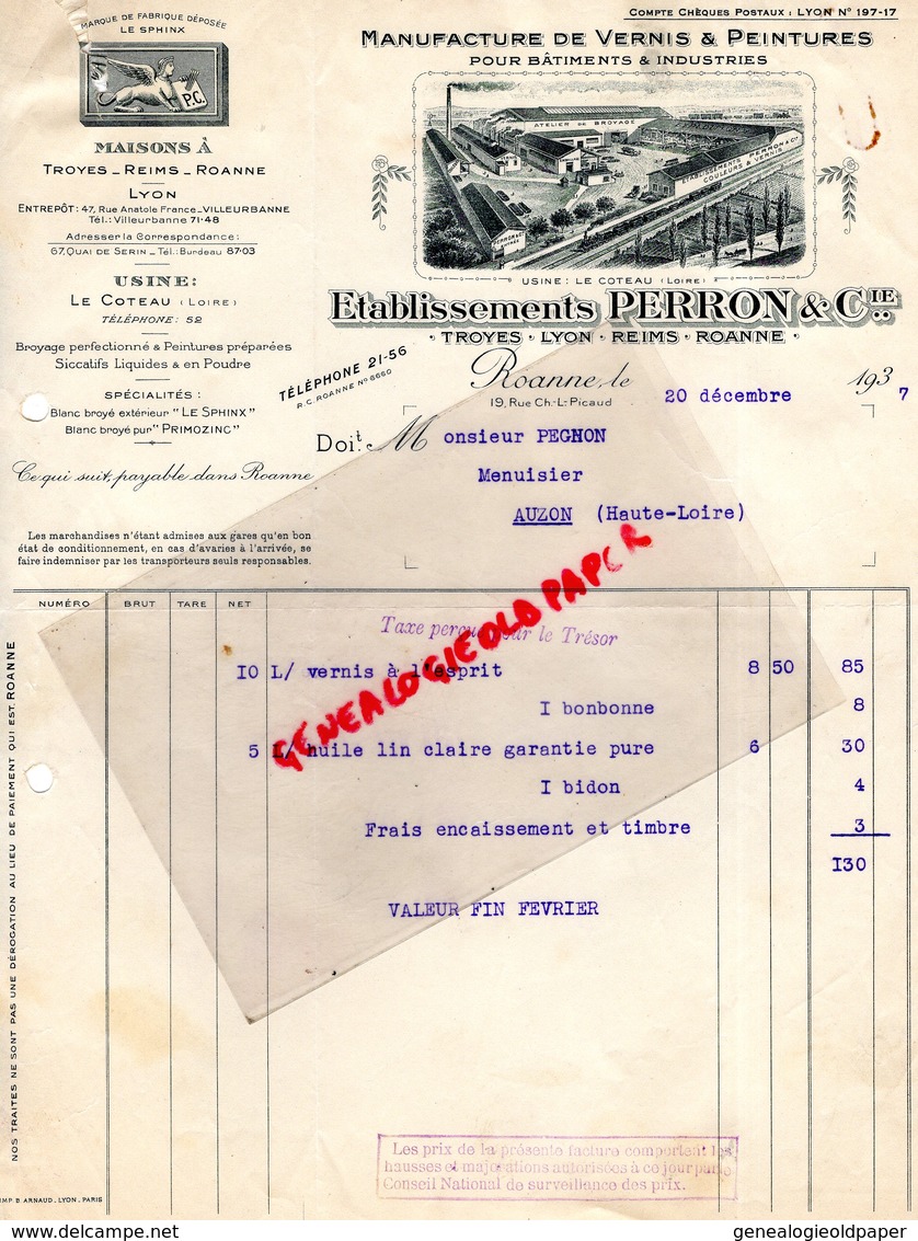 42- ROANNE- TROYES-LYON-REIMS- FACTURE ETS. PERRON-MANUFACTURE VERNIS PEINTURES-LE SPHINX- 1937 - Petits Métiers