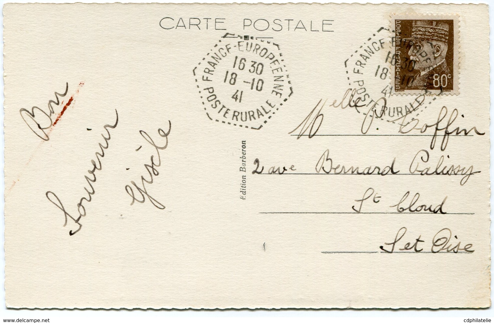 FRANCE CARTE POSTALE DEPART FRANCE-EUROPEENNE 18-10-41 POSTE RURALE POUR LA FRANCE - 1941-42 Pétain