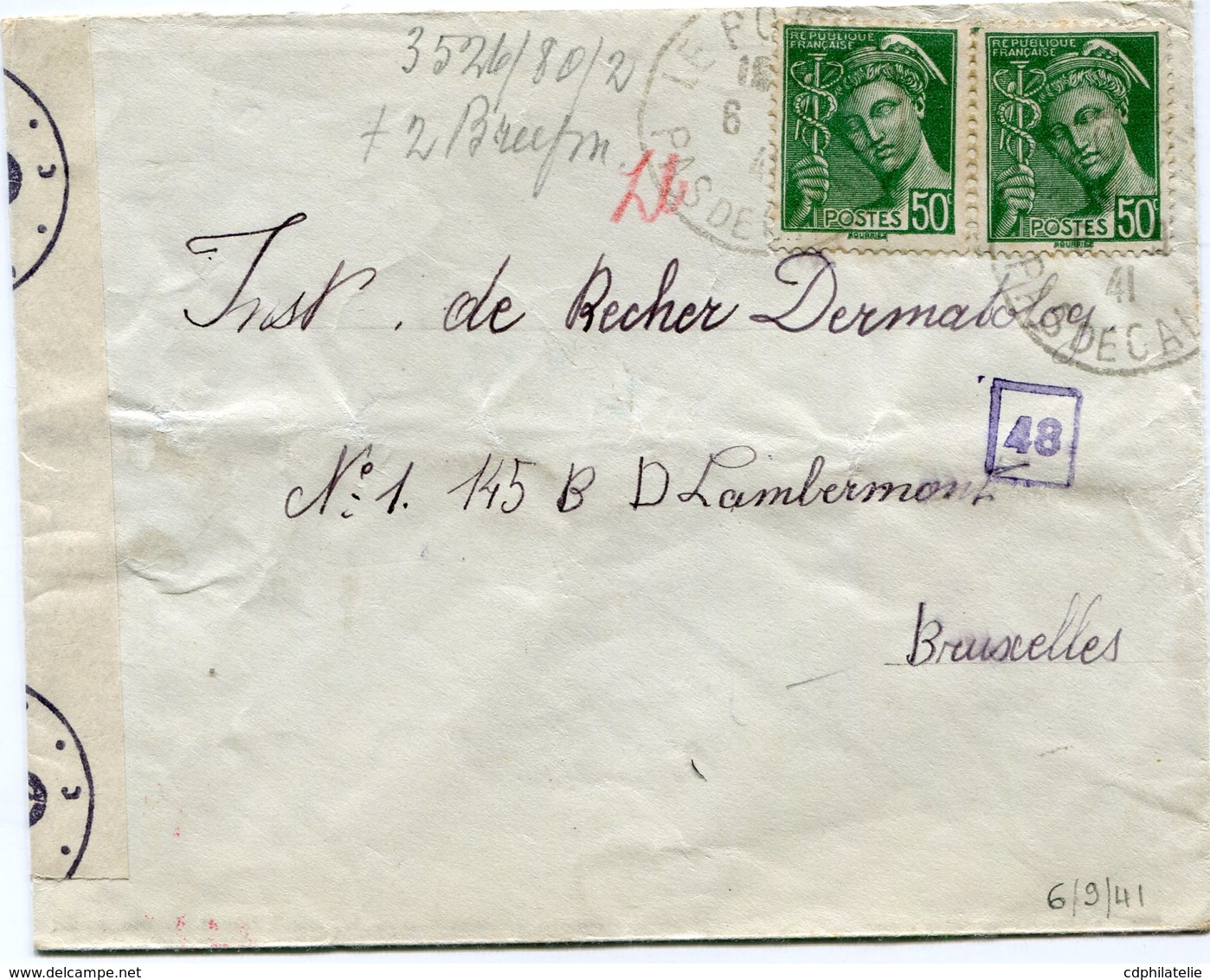 FRANCE LETTRE CENSUREE DEPART LE PORTEL 6-9-41 PAS DE CALAIS POUR LA BELGIQUE - 1938-42 Mercurio