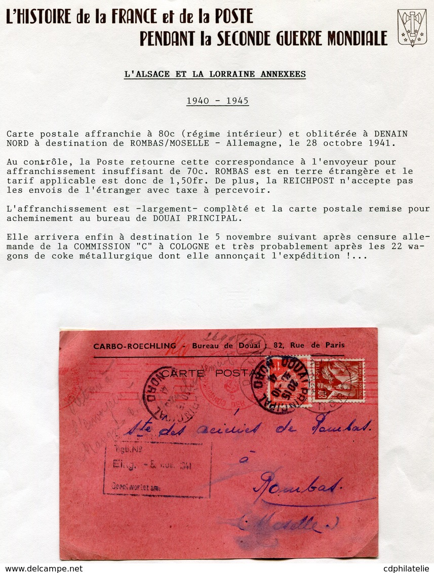 FRANCE CARTE POSTALE CENSUREE DEPART DENAIN 28-10-41 RETOURNEE POUR AFFR. INSUFFISANT PUIS REEXPEDIEE DE DOUAI 30-10-41 - Guerre De 1939-45