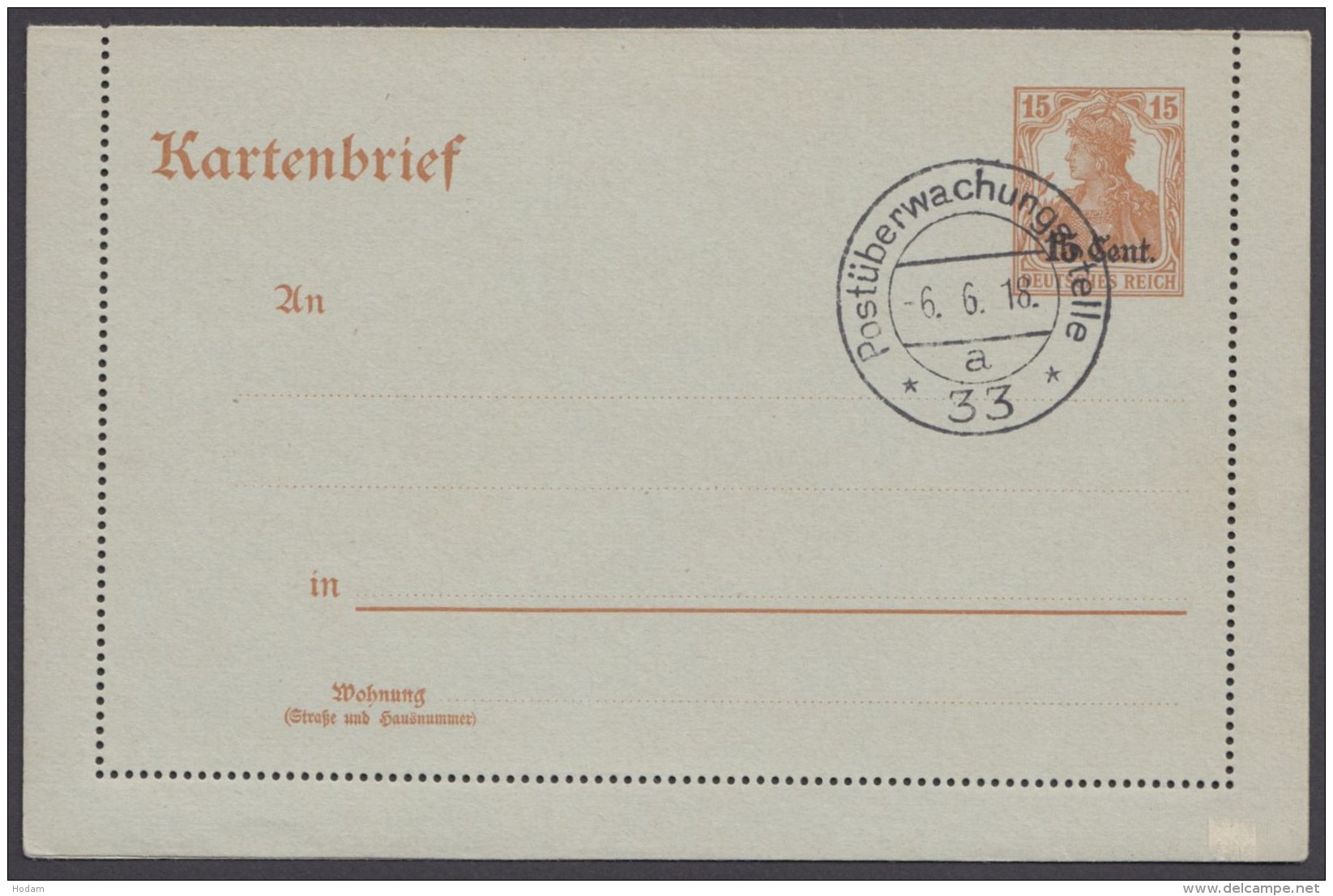 Etappe West : K 1 Stempel "Postüberwachungsstelle 33", 6.6.18 - Besetzungen 1914-18