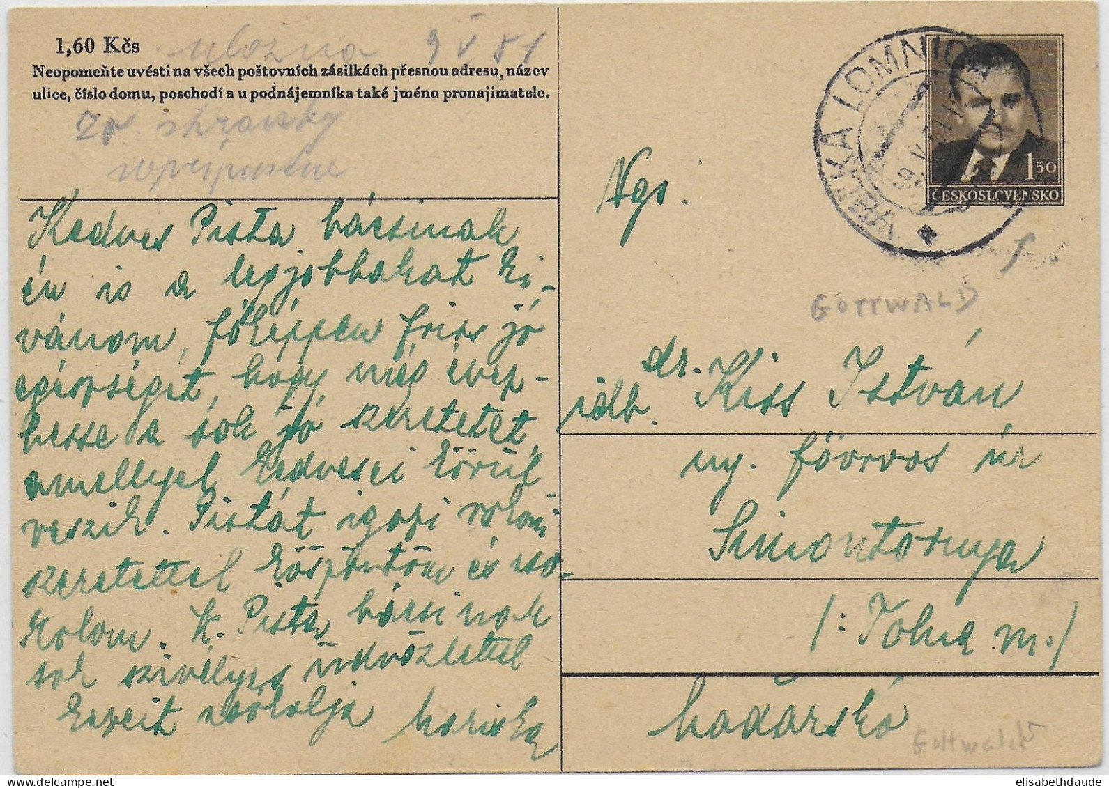 1951 - CARTE ENTIER POSTAL Du PRESIDENT GOTTWALD - Cartes Postales