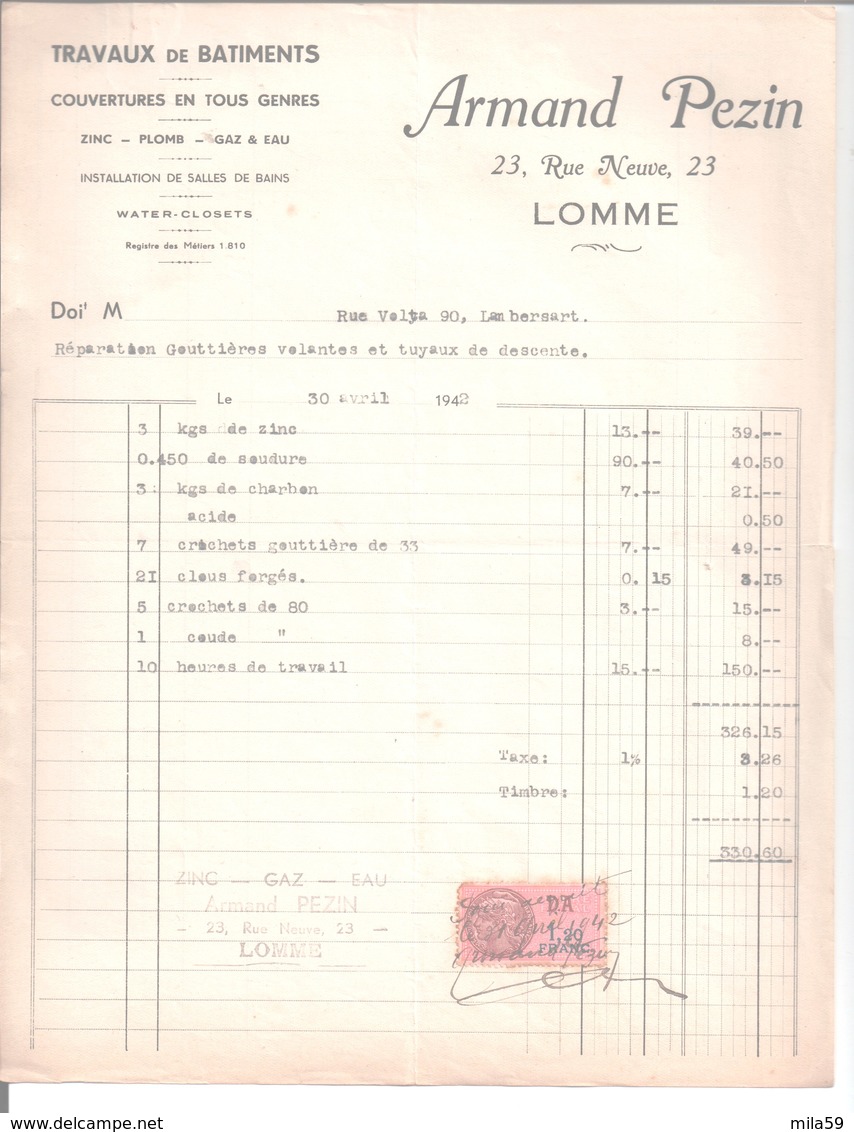 Armand Pezin. Travaux De Batiments. Couvertures. Zinc, Plomb, Gaz & Eau. Lomme. 1943 - 1900 – 1949