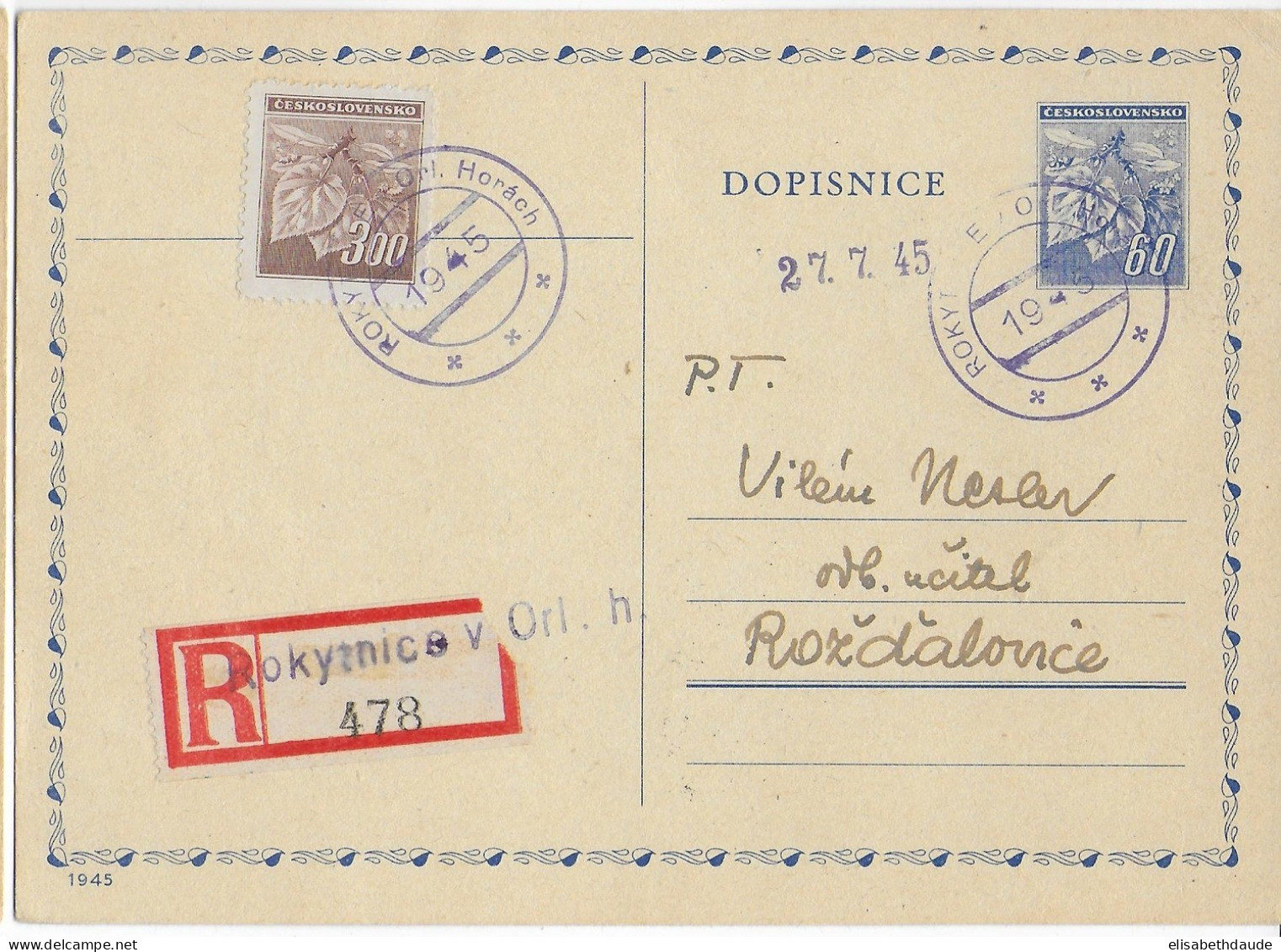1945 - CARTE ENTIER RECOMMANDEE Avec OBLITERATION PROVISOIRE De ROKYTNICE - Storia Postale