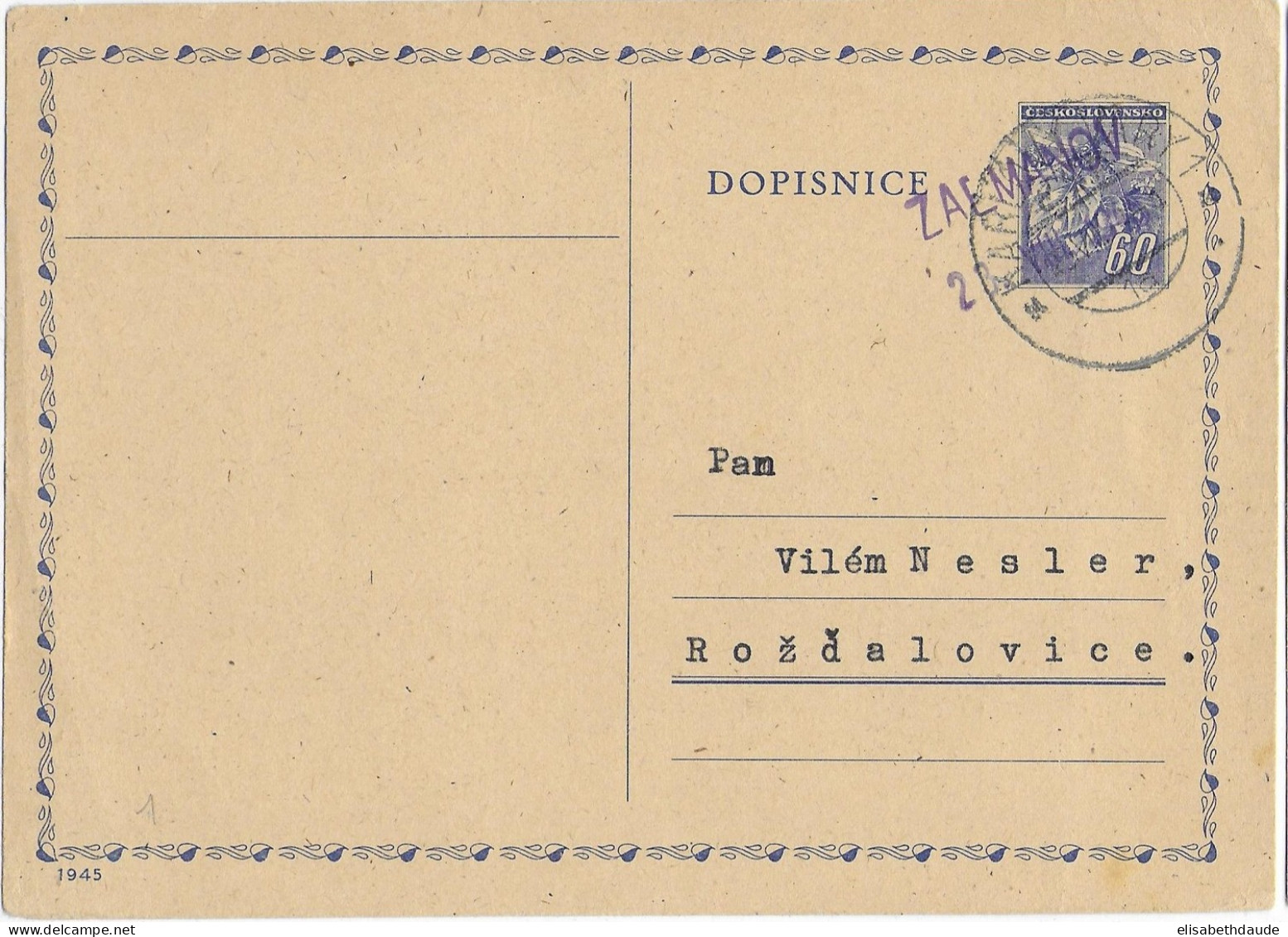 1945 - CARTE ENTIER Avec OBLITERATION PROVISOIRE De ZALMANOV - Postkaarten