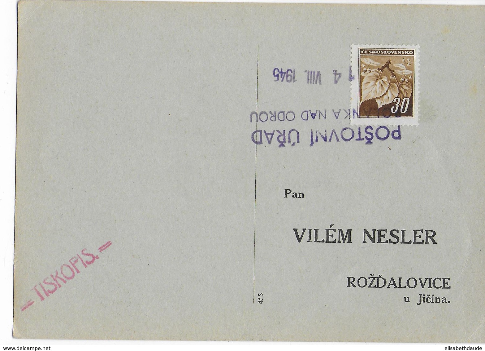 1945 - CARTE Avec OBLITERATION PROVISOIRE De POLANKA NAD ODROU - Storia Postale