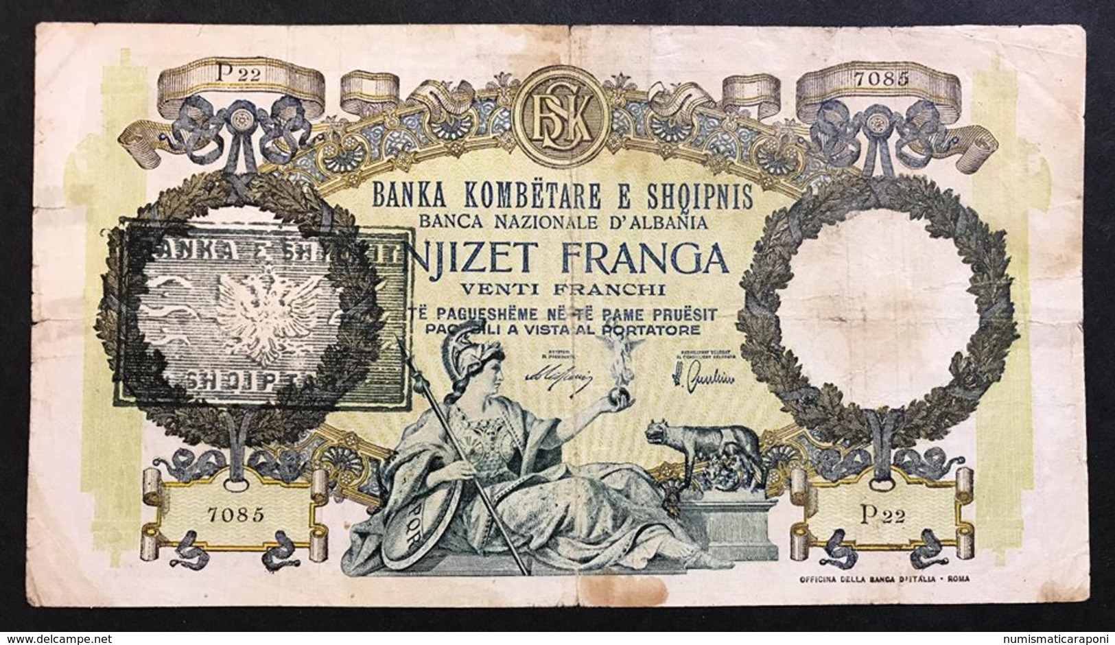 Banca Nazionale Albania 20 Franga 1939 Sovrastampato  LOTTO 977 - Non Classificati