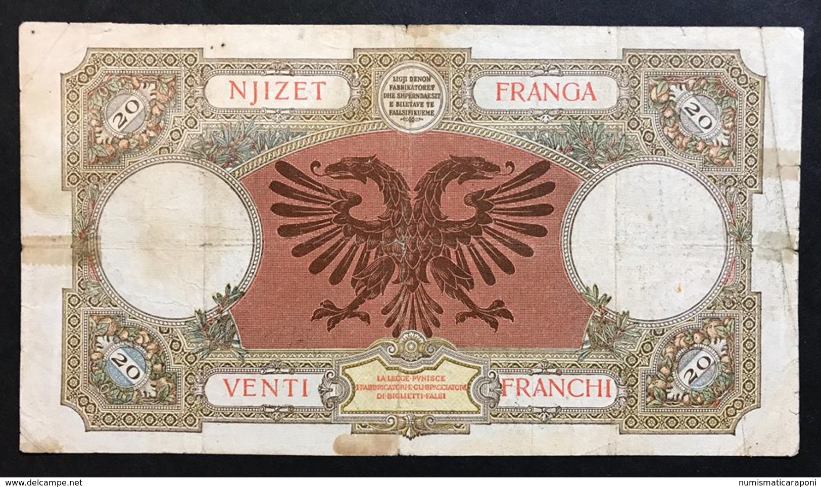 Banca Nazionale Albania 20 Franga 1939 Sovrastampato  LOTTO 977 - Non Classificati