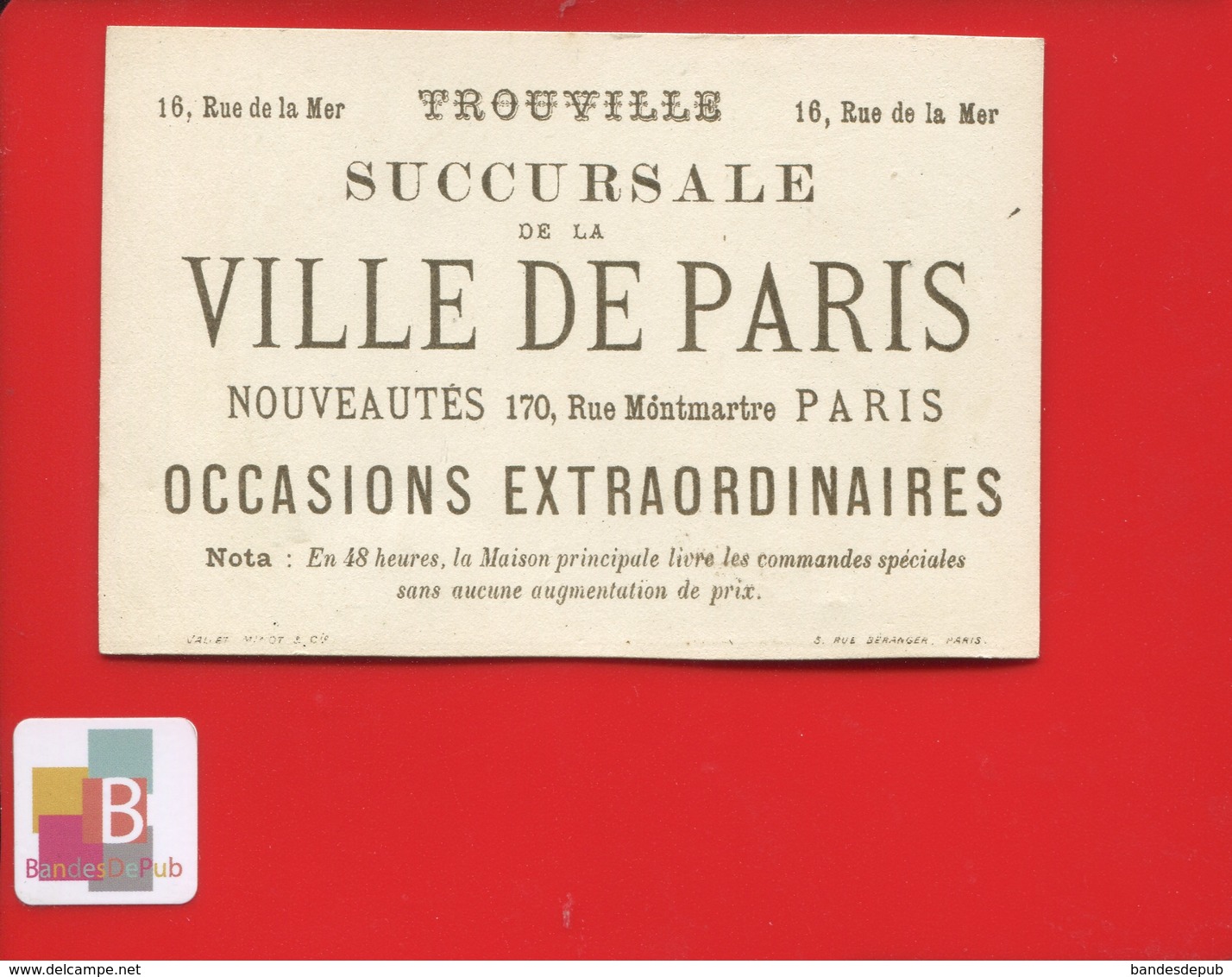 Trouville  Magasin Ville De Paris Rue De La Mer Jolie Chromo Lith Vallet Minot Exercice Petit Pierrot Militaire - Autres & Non Classés