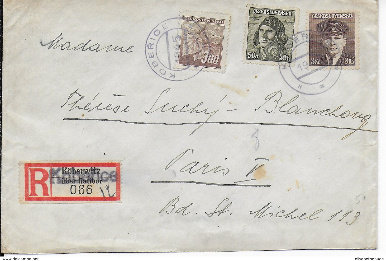 1945 - ENVELOPPE RECOMMANDEE Avec OBLITERATION PROVISOIRE De KOBERICE => PARIS - Briefe U. Dokumente