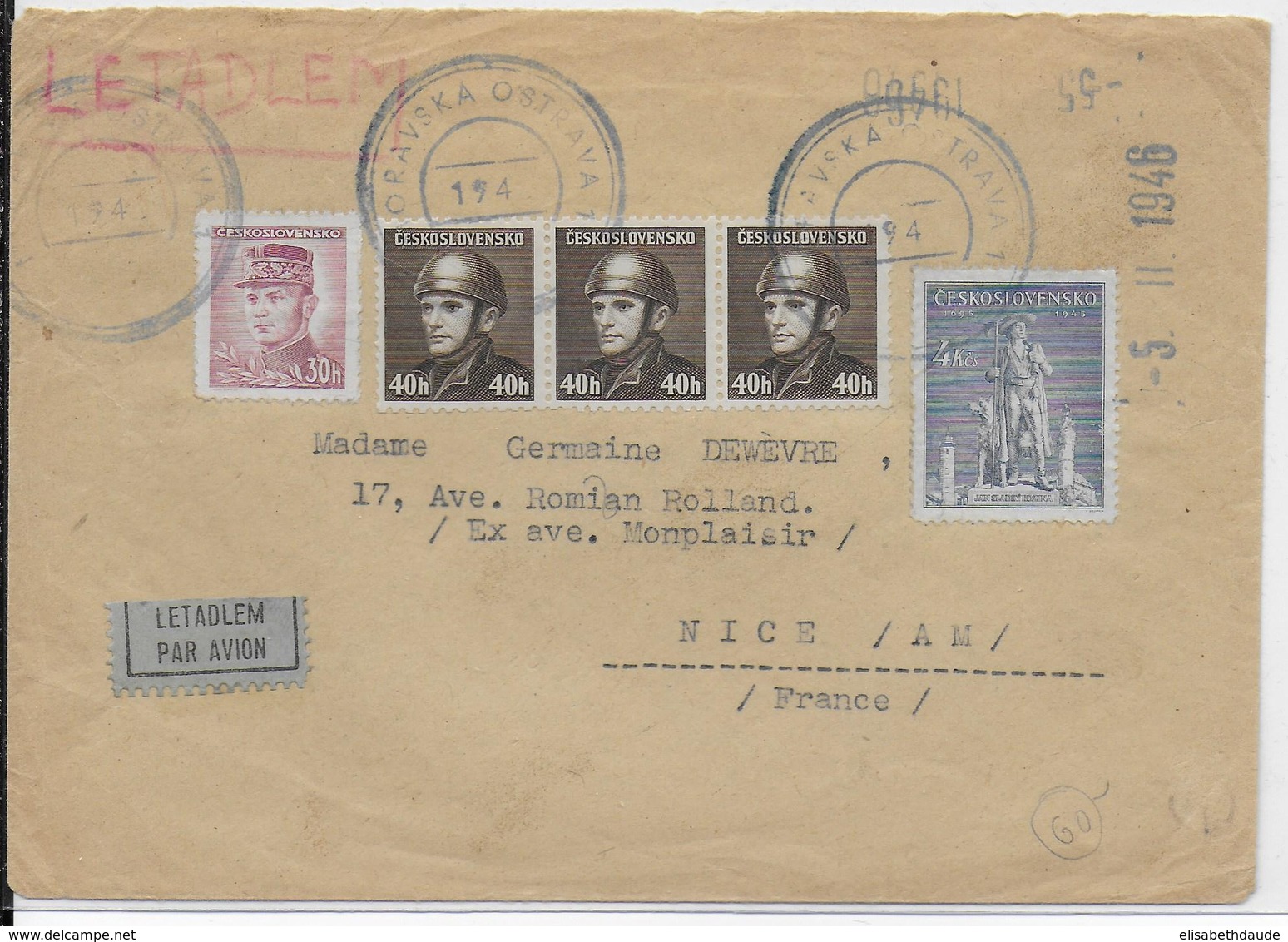 1946 - ENVELOPPE Par AVION Avec OBLITERATION PROVISOIRE De MORAVSKA OSTRAVA => NICE - Cartas & Documentos