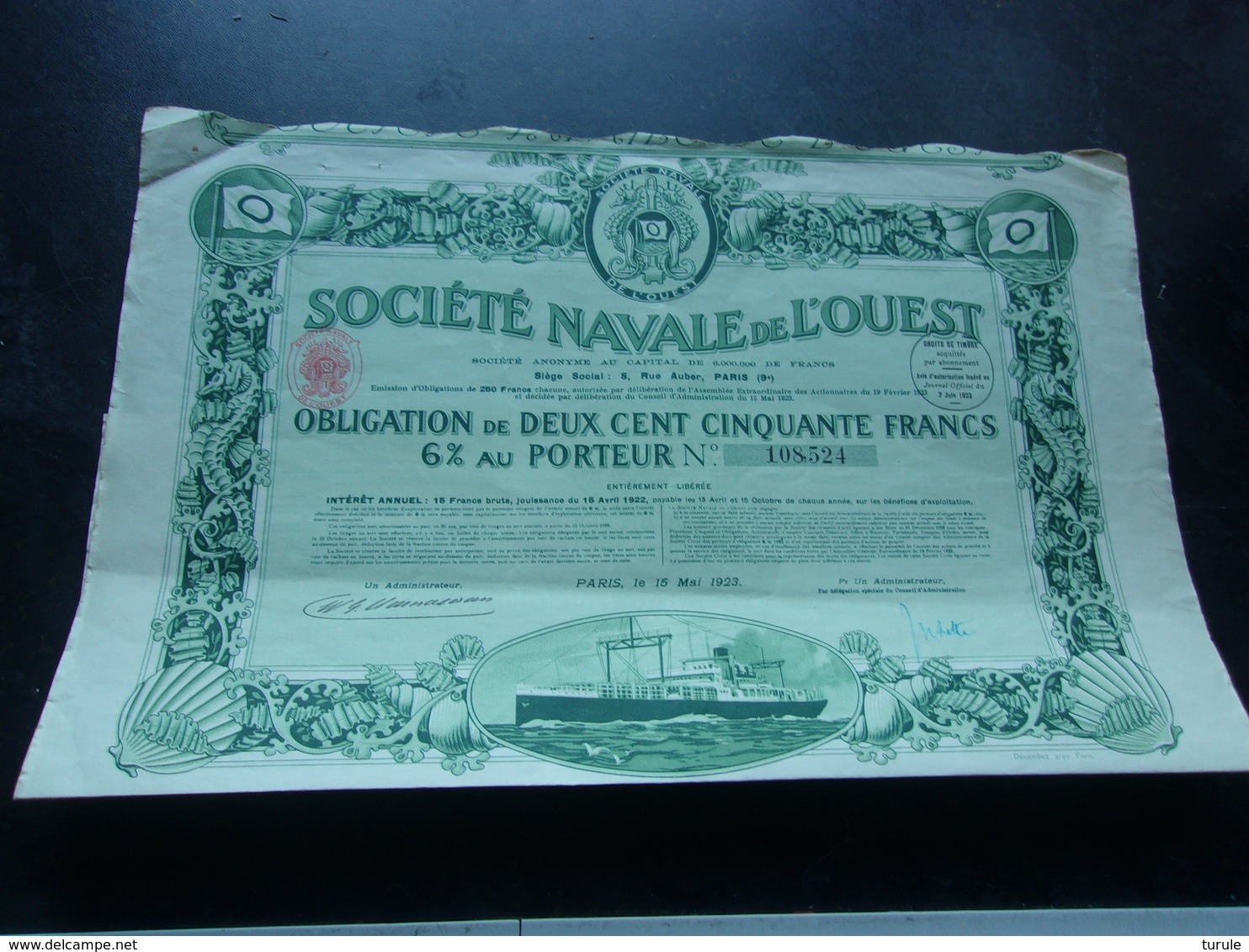 NAVALE DE L' OUEST (obligation 250 Francs) - Autres & Non Classés