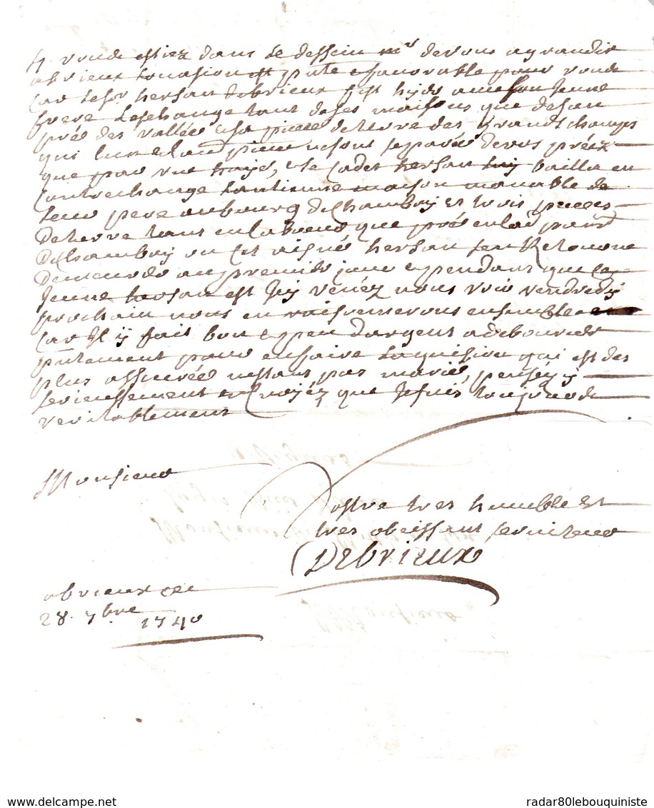 DE BRIEUX.2 Pages Manuscrites Signées.28 Octobre 1740.Lettre à Monsieur Du Motté à Vignats. - Autres & Non Classés