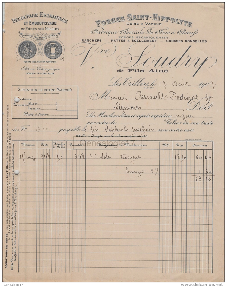 03 1650 LES TRILLERS ALLIER 1907 Forges Saint Hippolyte Usine Vapeur VEUVE SOUDRY A PERRAULT DODINAT De LIGNIERES - 1900 – 1949