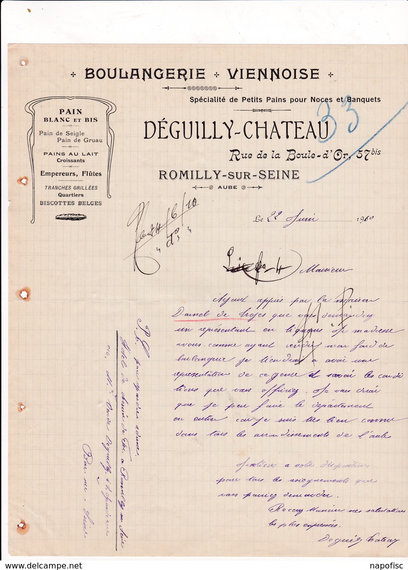 Correspondance Déguilly-Chateau Boulangerie-Viennoiserie Romilly Sur Seine (Aube) 1910 - Alimentaire