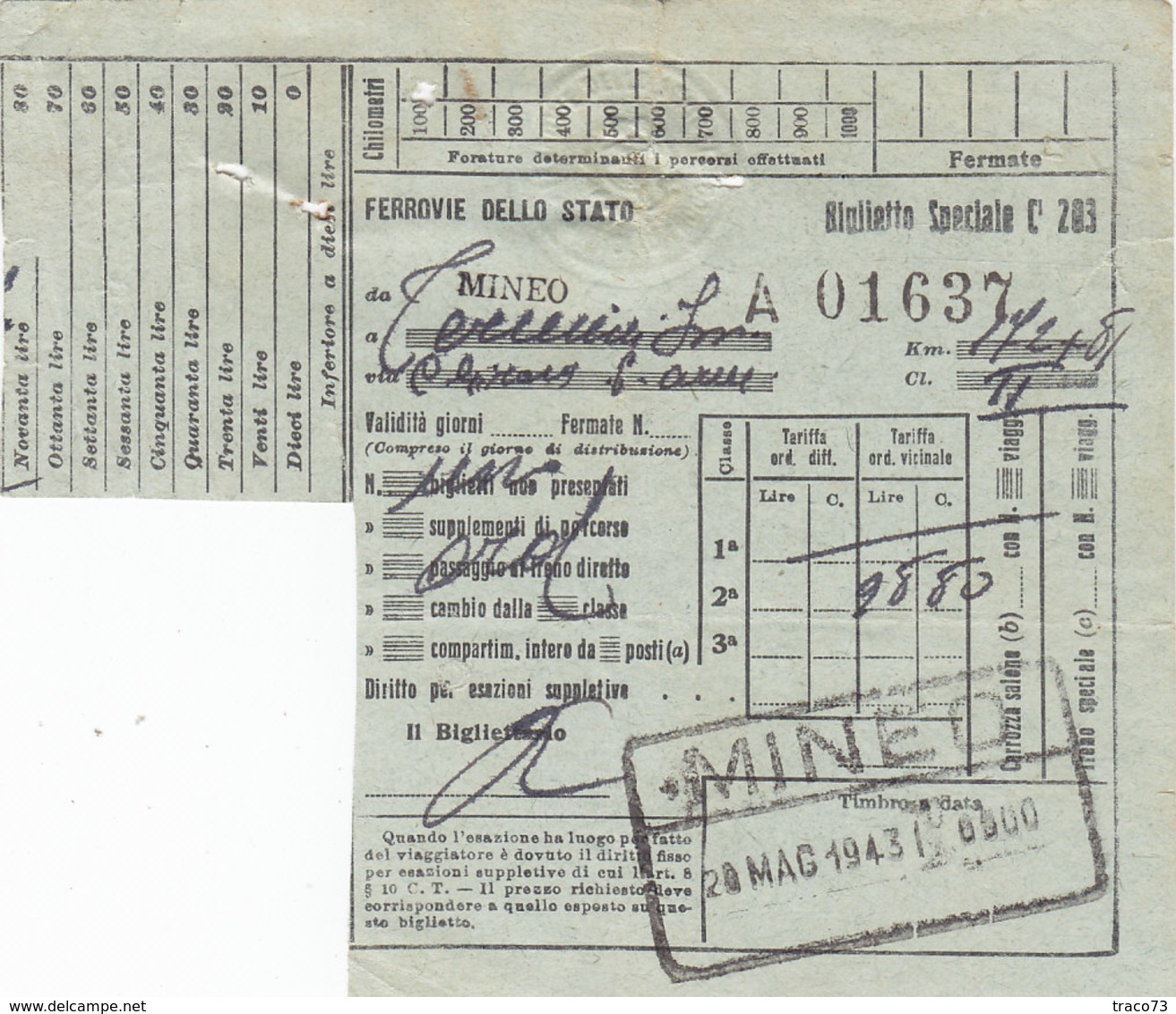 MINEO /  TERMINI IMERESE _ Biglietto Ferroviario _ 20 Maggio 1943 - Europa