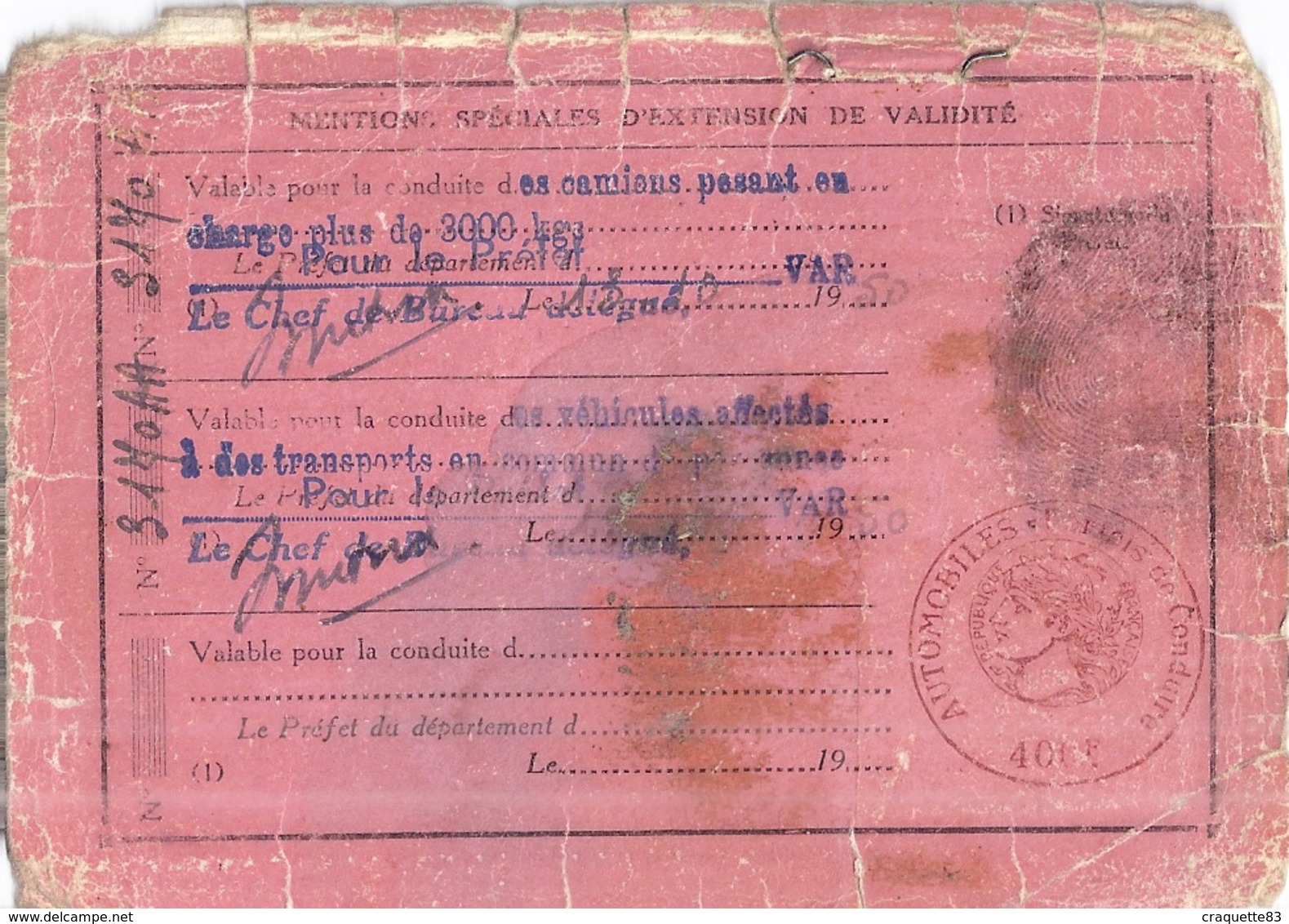 PERMIS DE CONDUIRE LES AUTOMOBILES N°2170   TOULON VAR 1950 - Other & Unclassified