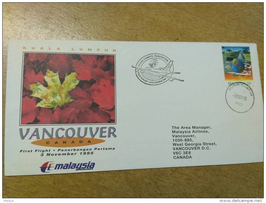 Malaysia 1995 First Flight FDC Cover Canada Malaysia Airlines Aeroplane - Malaysia (1964-...)