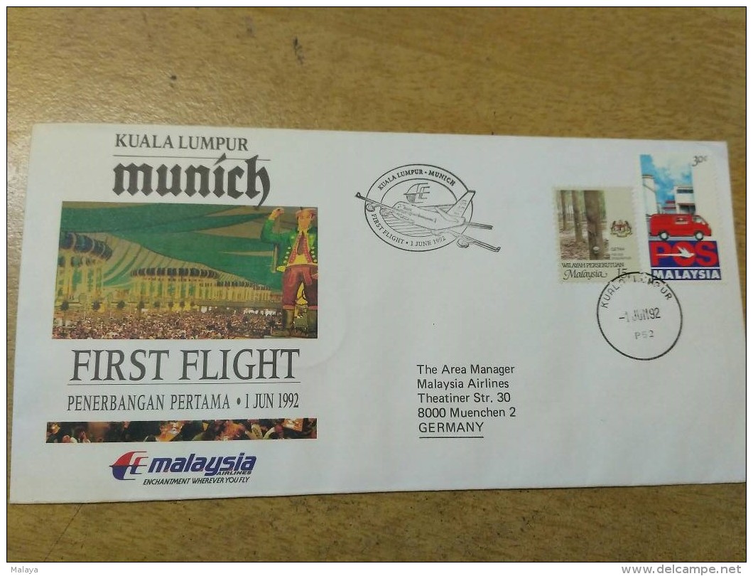 Malaysia 1992 First Flight FDC Cover Germany Malaysia Airlines Aeroplane - Malaysia (1964-...)