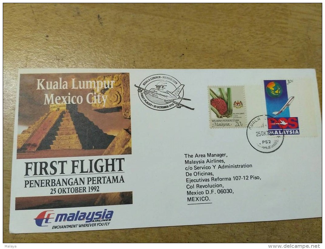 Malaysia 1992 First Flight FDC Cover Mexico Malaysia Airlines Aeroplane - Malaysia (1964-...)