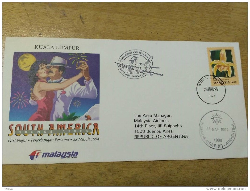 Malaysia 1994 First Flight FDC Cover Argentina Malaysia Airlines Aeroplane - Malaysia (1964-...)