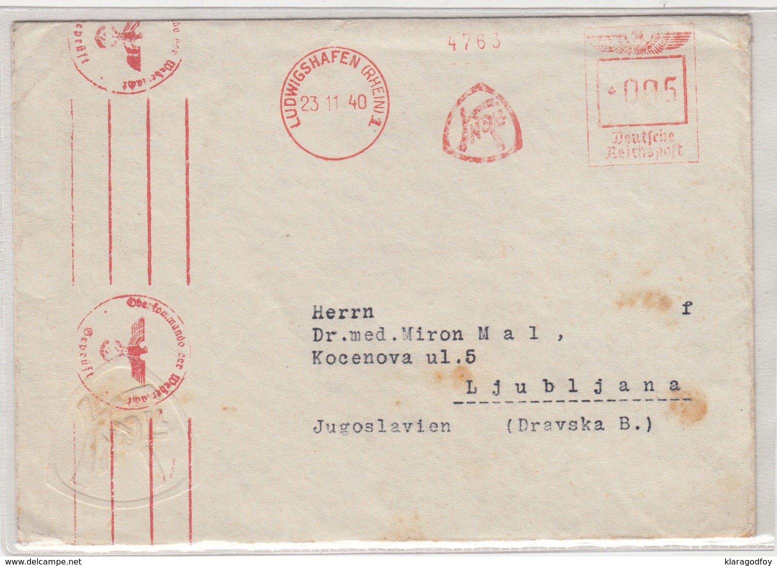 Knoll A.G. Ludwigshafen Meter Stamp On Censored Letter Cover Travelled 1940 To Yugoslavia B180420 - Briefe U. Dokumente