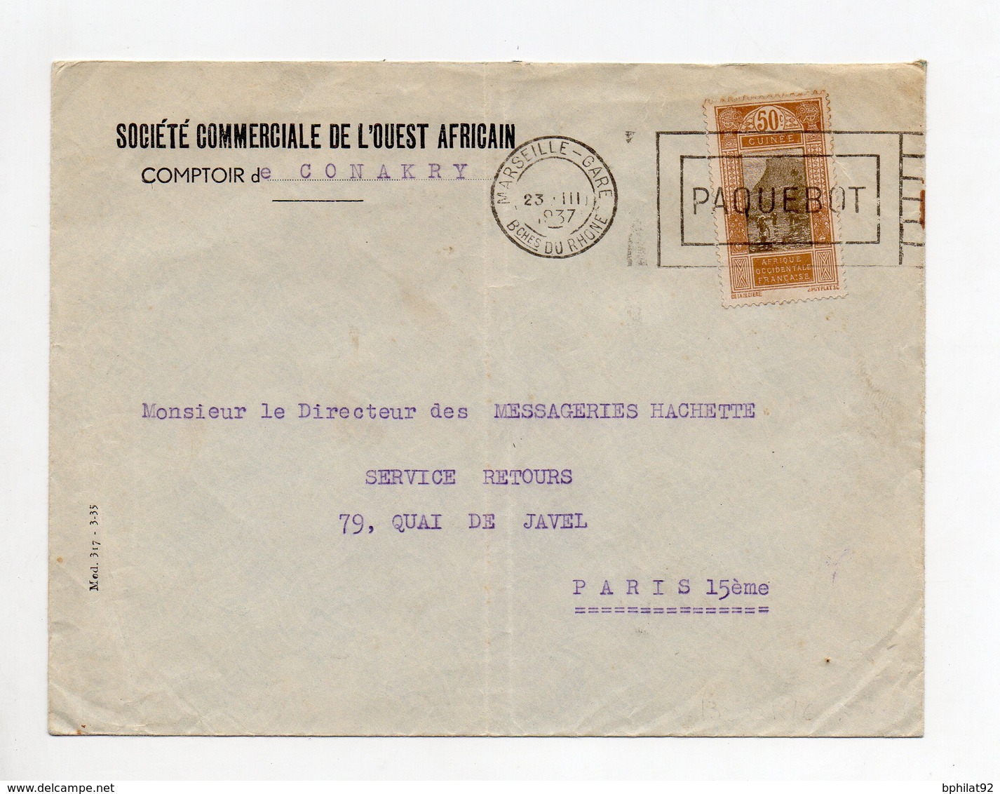 !!! PRIX FIXE : GUINEE, LETTRE DE CONAKRY DU 23/3/1937 POUR PARIS, CACHETS PAQUEBOT ET MARSEILLE GARE - Storia Postale