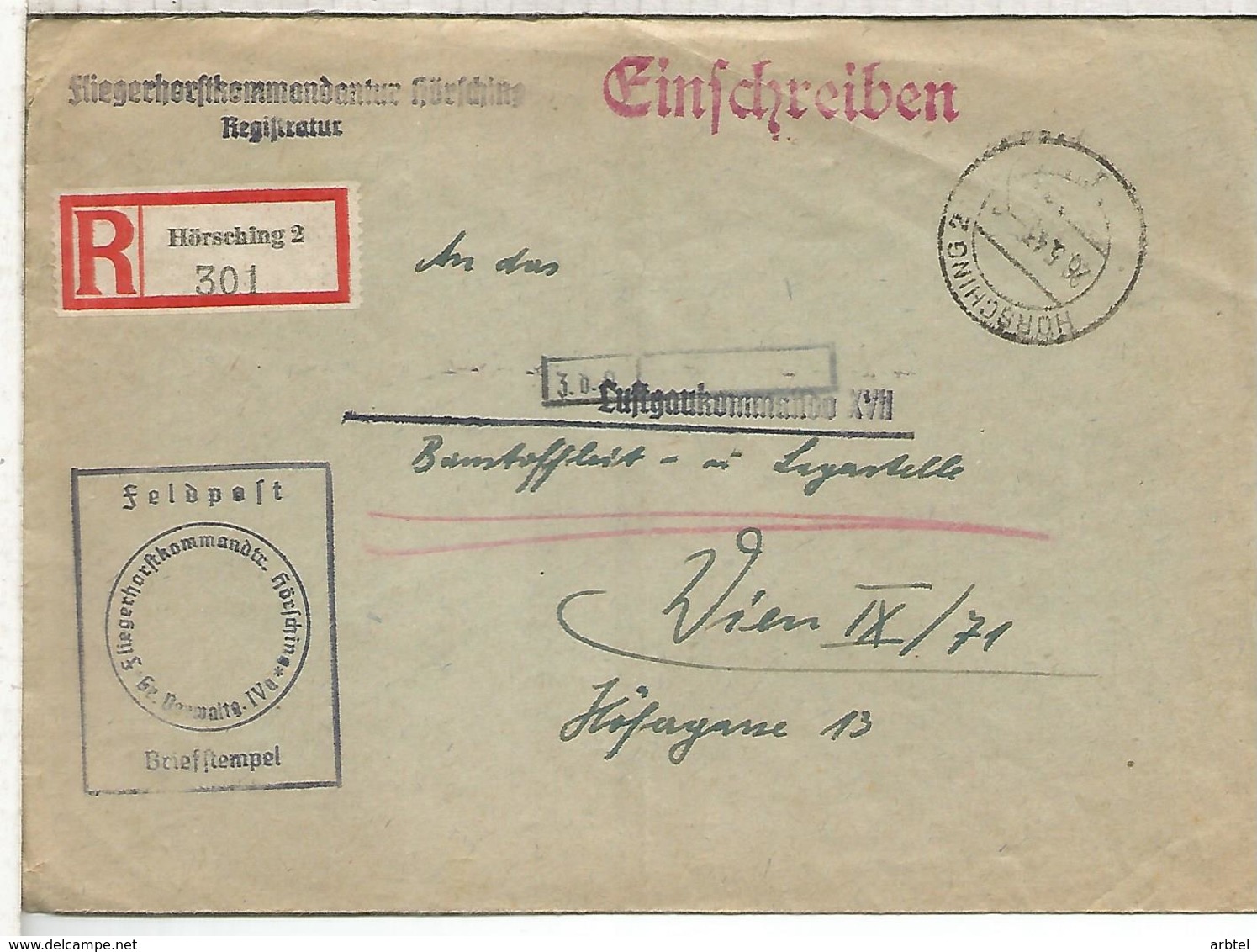 ALEMANIA REICH FELDPOST HÖRSCHING FLIEGER KOMMANDANTUR AVIACION - Cartas & Documentos