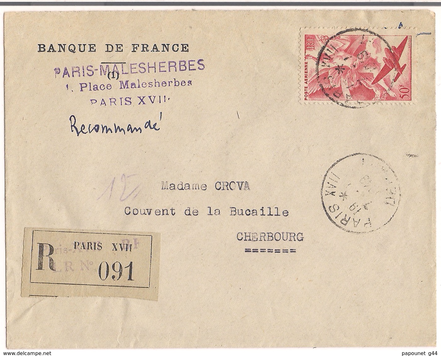Lettre Recommandée Paris 1949 Destination Cherbourg ( Timmbre Poste Aérienne ) - 1921-1960: Période Moderne