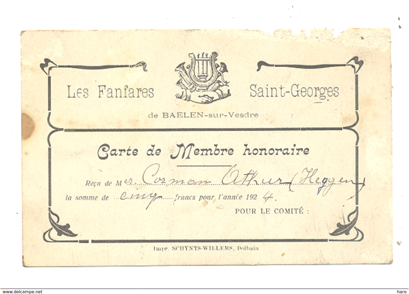 Les Fanfares Saint-Georges De BAELEN Sur VESDRE - Carte De Membre 1924 (nod) - Collections