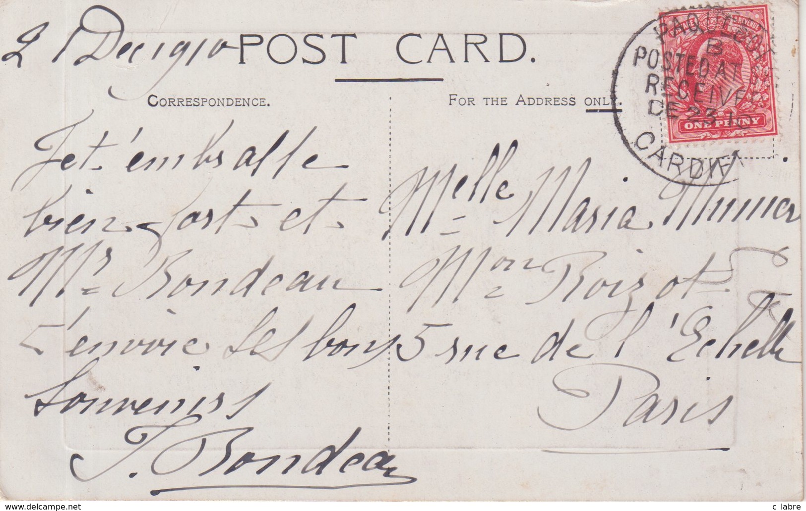 GRANDE - BRETAGNE : CP . POSTED AT SEA . PAQUEBO CARDIFF . 1910 . - Covers & Documents