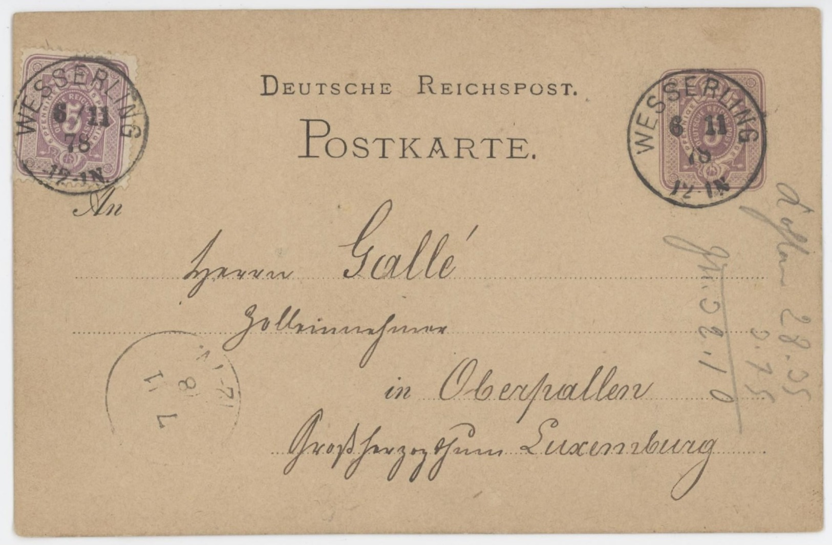 Entier Wesserling 6.11.1878 Pour Oberpallen Luxembourg - Altri & Non Classificati