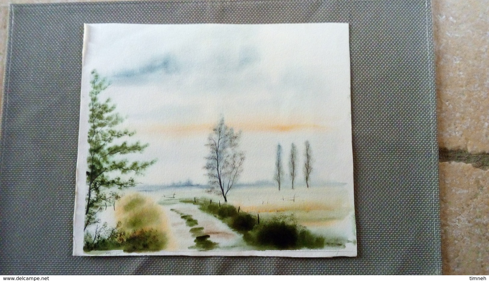 Aquarelle Originale Signée - Paysage De Campagne Chemin Arbres Peupliers 28cmx24cm (feuille Coupée à Ras, Sans Marge) - Wasserfarben