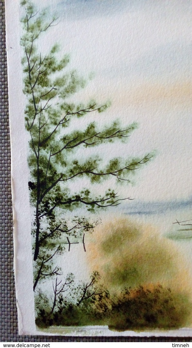 Aquarelle originale signée - paysage de campagne chemin arbres peupliers 28cmx24cm (feuille coupée à ras, sans marge)