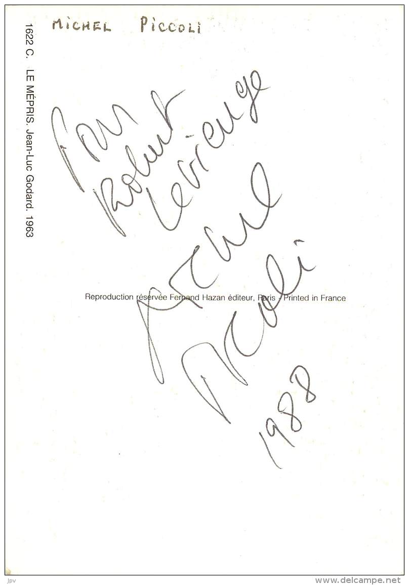 VERITABLE AUTOGRAPHE SUR CARTE PROMOTIONNELLE - AFFICHE "LE MEPRIS" -  ACTEUR MICHEL PICCOLI - Autres & Non Classés