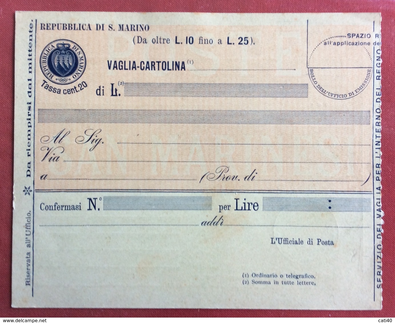 S.MARINO VAGLIA CARTOLINA DA OLTRE L.10 FINOI A L. 25  NUOVA - Lettres & Documents