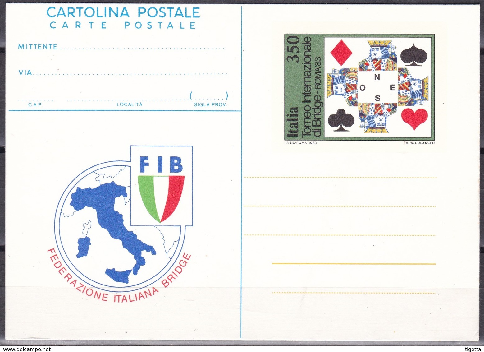 ITALIA REPUBBLICA CARTOLINA POSTALE FEDERAZIONE ITALIANA BRIDGE   ANNO 1983 - Interi Postali