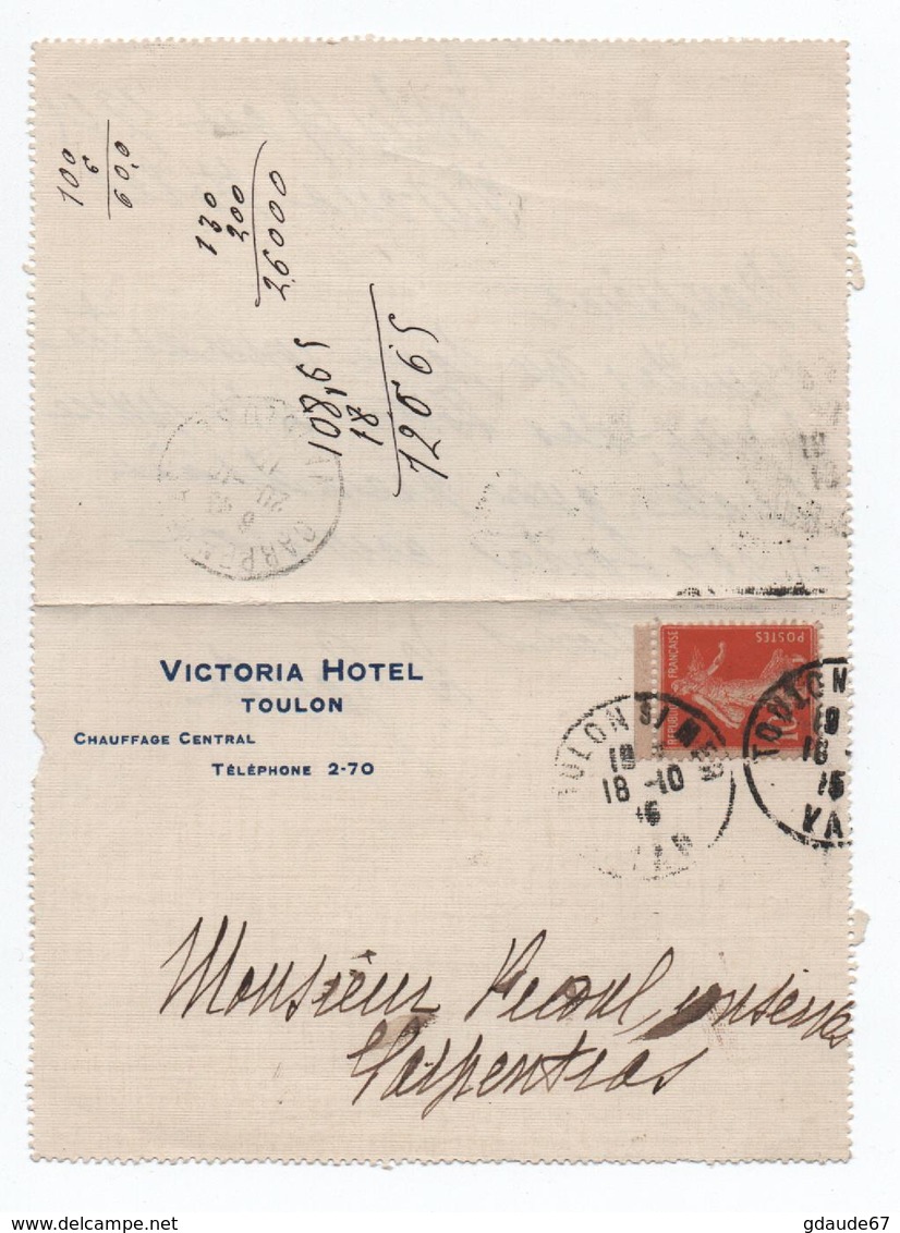 1915 - CARTE LETTRE Du VICTORIA HOTEL à TOULON (VAR) - 1877-1920: Période Semi Moderne