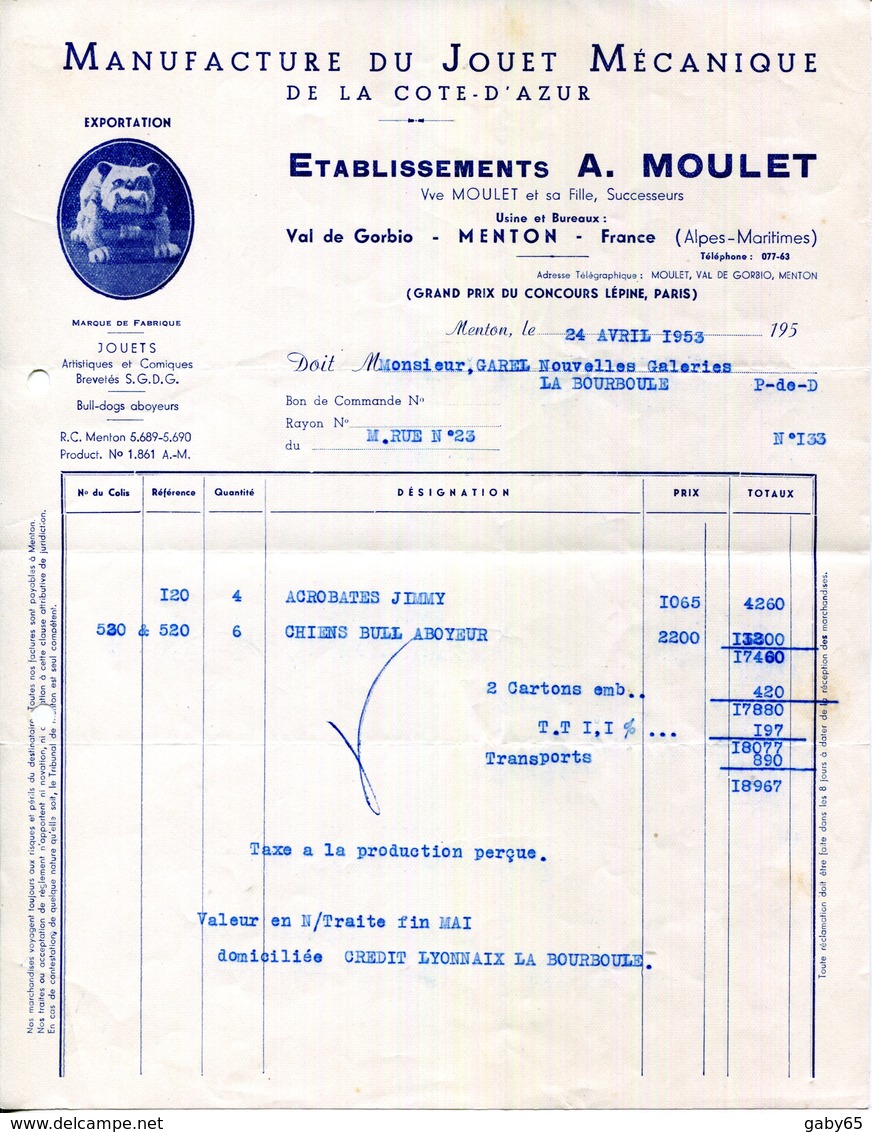 06.MENTON.MANUFACTURE DU JOUET MACANIQUE DE LA COTE D'AZUR.Ets.A.MOULET VAL DE GORBIO. - Altri & Non Classificati