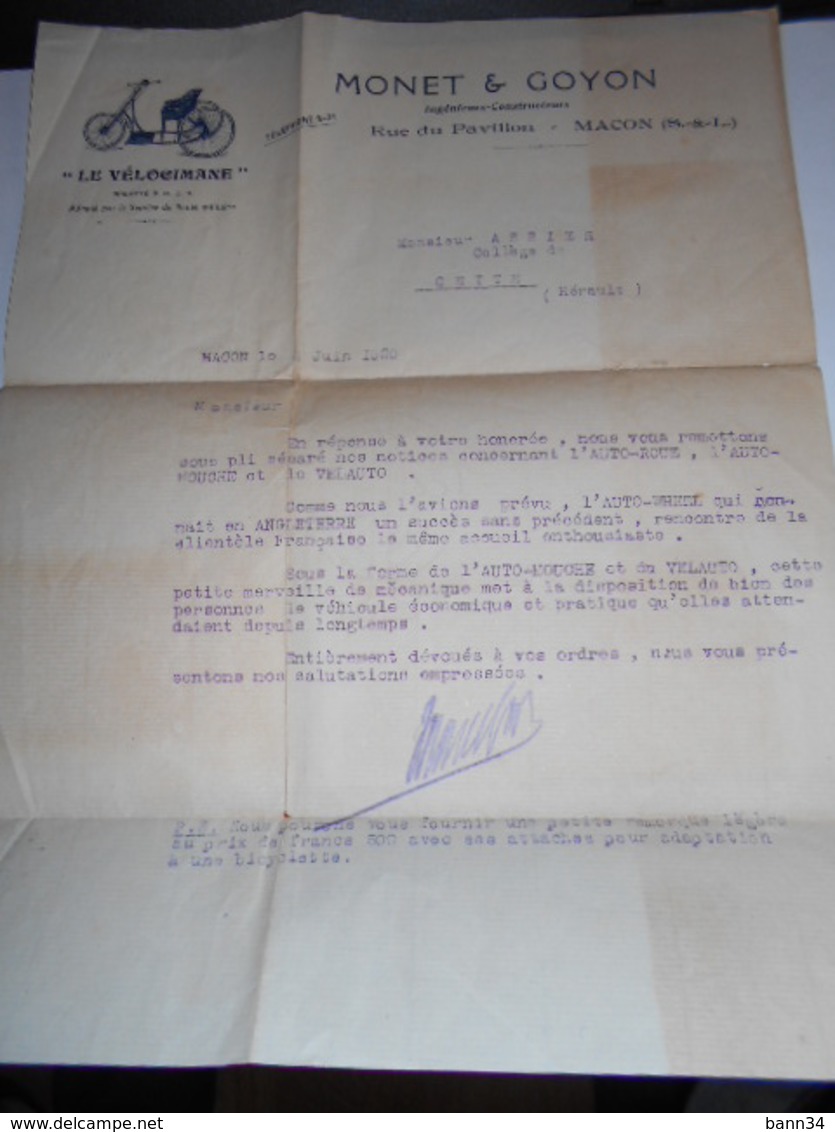 Document Ancien 1920 Monet Goyon Macon Velocimane Velauto Auto Moto Mouche / Envoi A Cette Sète Herault - Automobilismo