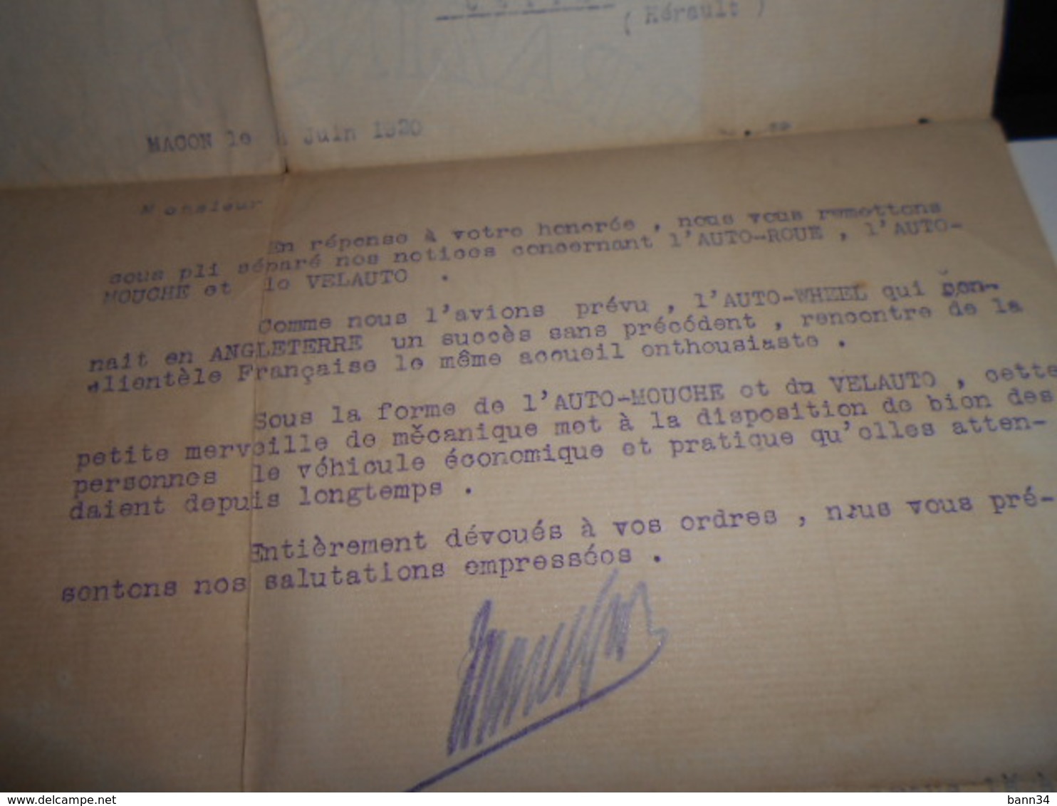 Document Ancien 1920 Monet Goyon Macon Velocimane Velauto Auto Moto Mouche / Envoi A Cette Sète Herault - Automobilismo