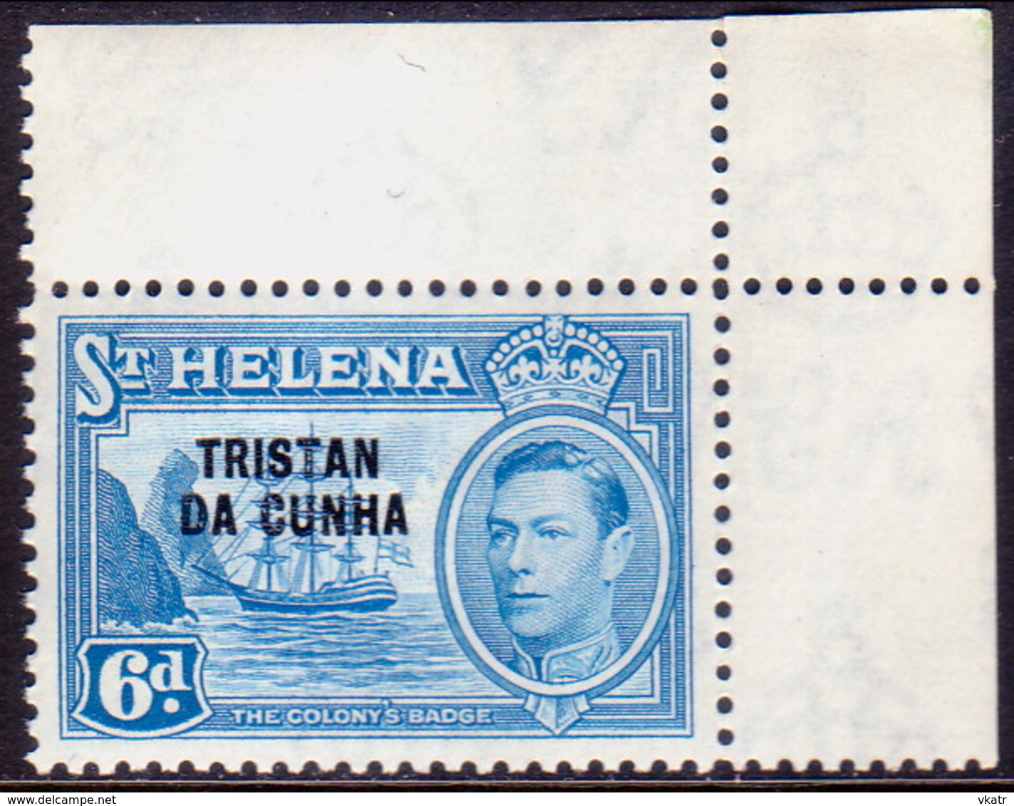 TRISTAN DA CUNHA 1952 SG #7 6d MNH St.Helena Stamp Optd Corner Margin! - Tristan Da Cunha